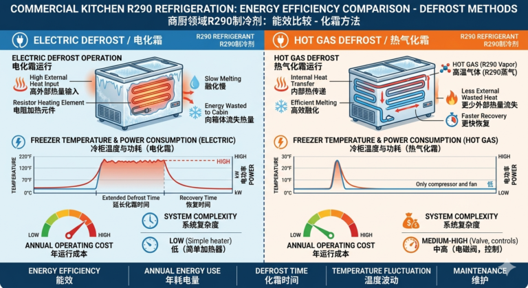 Energy Efficiency Comparison of Electric Defrosting and Hot Gas Defrosting for R290 Refrigerant in Commercial Kitchens