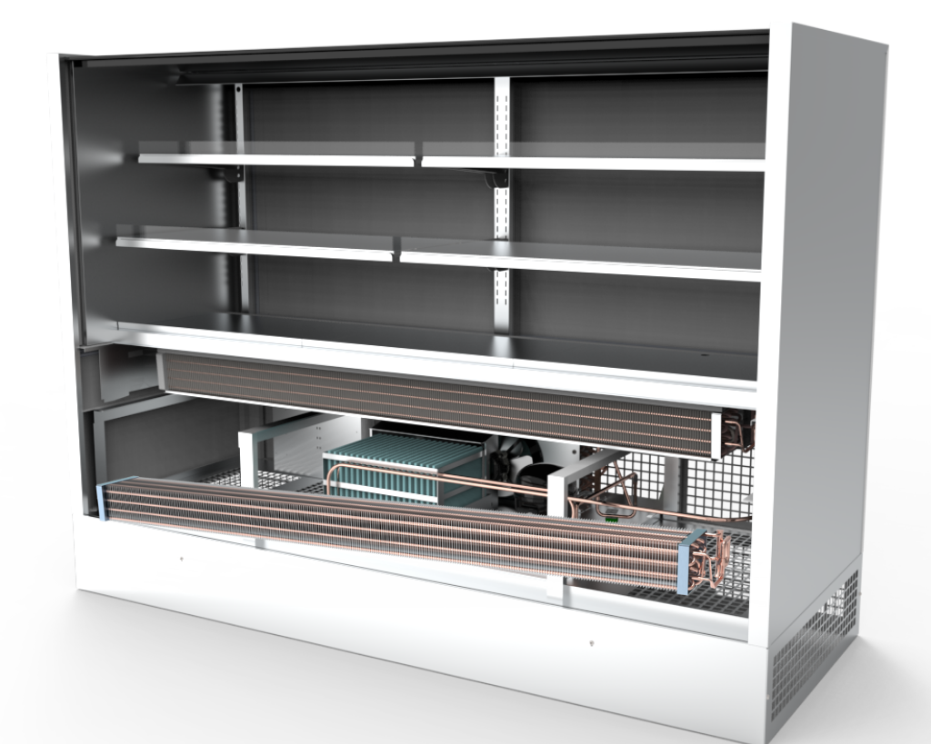 Internal 3D structure showing the large evaporator and Embraco compressor placement