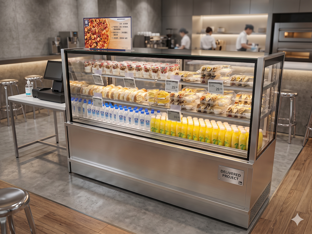 Modern 2-meter commercial cake display cabinet in a cafe setting
