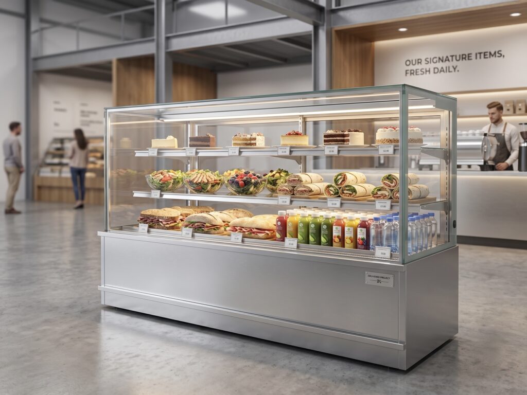 2-meter commercial cake and food display showcase filled with fresh pastries, salads, and drinks in a cafe