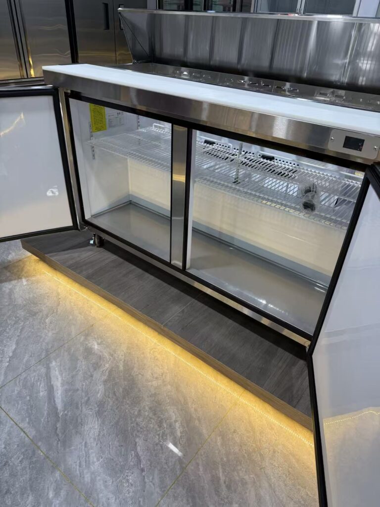 Interior view of commercial pizza prep counter with open doors, adjustable wire shelving, digital temperature controller, and durable cutting board top