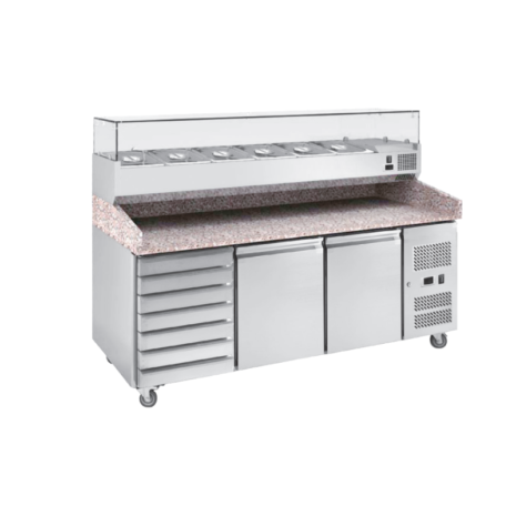Granite-Top Pizza & Sandwich Prep Counter with VRX Topping Rail (1) Granite-Top Pizza & Sandwich Prep Counter with VRX Topping Rail (2)