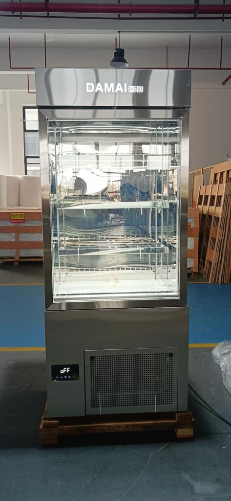 Realmann single door stainless steel bread display cabinet with DAMAI logo in a factory