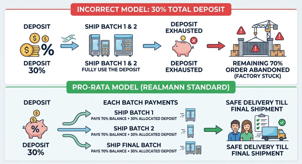 Infographic showing the pro-rata deposit allocation workflow for B2B commercial refrigeration orders.